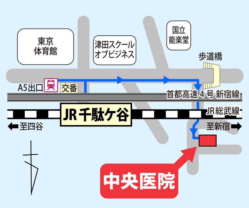 JR千駄ヶ谷駅改札を出て右方向に直進。徒歩約5分、歩道橋手前を右折。
都営大江戸線国立競技場駅A5出口より徒歩7分。